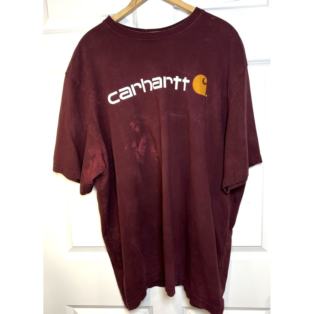 Carhartt Logo Tee 2XL Burgundy Thrashed Bleach Faded Grunge Workwear Distressed - Picture 2 of 15